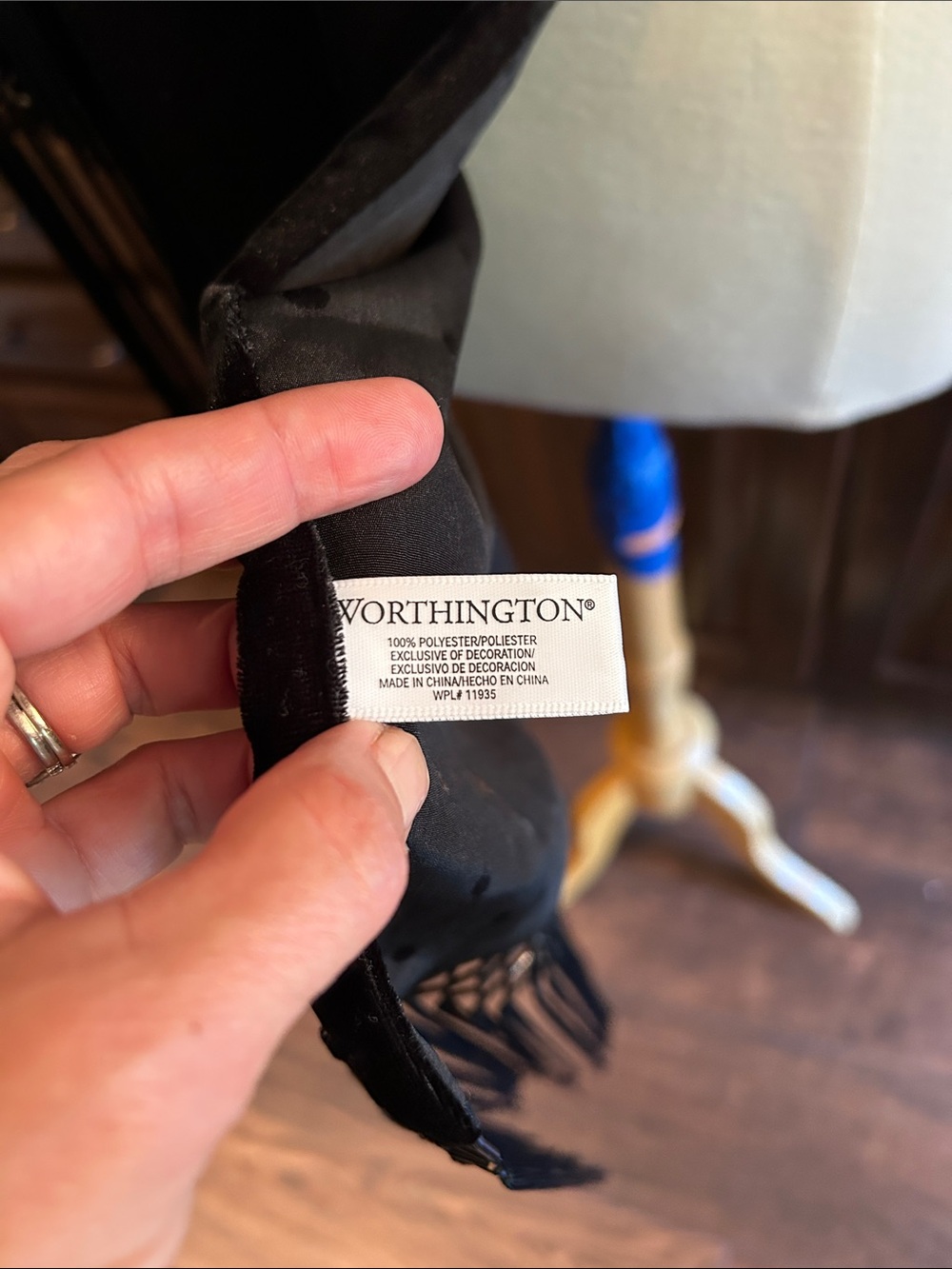 Worthington 74” x 21” Black Satin Lined Velvet Fringe Shawl Wrap - Picture 4 of 5